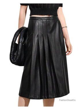 Faux Leather High Waist Pleated Midi A-Line Flare Skirt